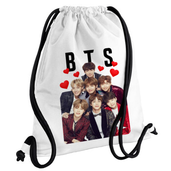 BTS hearts, Τσάντα πλάτης πουγκί GYMBAG λευκή, με τσέπη (40x48cm) & χονδρά κορδόνια