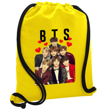 BTS hearts, Τσάντα πλάτης πουγκί GYMBAG Κίτρινη, με τσέπη (40x48cm) & χονδρά κορδόνια