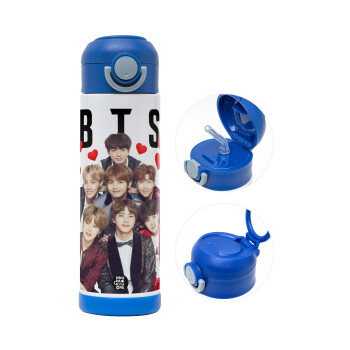 BTS hearts, Children's hot water bottle, stainless steel, with safety straw, BLUE (500ml)