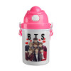 BTS hearts, Ροζ παιδικό παγούρι πλαστικό (BPA-FREE) με καπάκι ασφαλείας, κορδόνι και καλαμάκι, 400ml