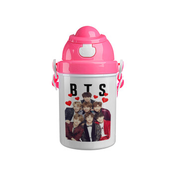 BTS hearts, Ροζ παιδικό παγούρι πλαστικό (BPA-FREE) με καπάκι ασφαλείας, κορδόνι και καλαμάκι, 400ml