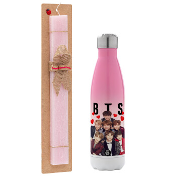 BTS hearts, Easter Set, Metallic pink/white (Stainless steel) thermos, double-walled, 500ml & aromatic flat Easter candle (30cm) (PINK)