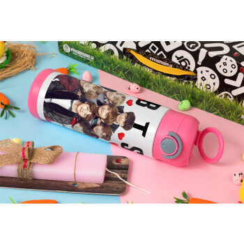 BTS hearts, Πασχαλινή Λαμπάδα με Παιδικό παγούρι θερμό, ανοξείδωτο, με καλαμάκι ασφαλείας, ΡΟΖ (500ml)