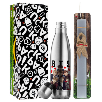 BTS hearts, Easter Set, metallic stainless thermos flask (500ml) & scented flat Easter candle (30cm) (GRAY)