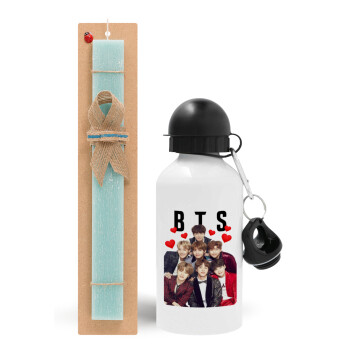 BTS hearts, Easter Set, metallic aluminum water bottle (500ml) & scented flat candle (30cm) (TURQUOISE)