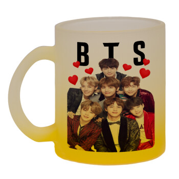 BTS hearts, Κούπα γυάλινη δίχρωμη με βάση το κίτρινο ματ, 330ml