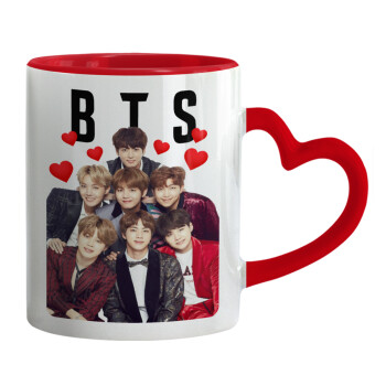 BTS hearts, Κούπα καρδιά χερούλι κόκκινη, κεραμική, 330ml