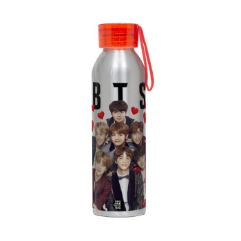 BTS hearts, Αλουμινένιο Αθλητικό Μπουκάλι 650ml – Ασημί με Κόκκινο Καπάκι και Λουράκι Σιλικόνης