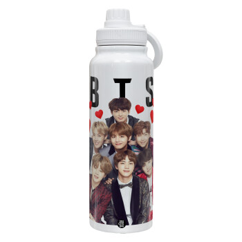 BTS hearts, 1L Stainless Steel Thermal Bottle with Phone Holder & Double Wall Insulation