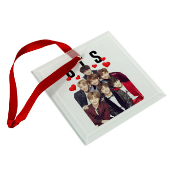 BTS hearts, Χριστουγεννιάτικο στολίδι γυάλινο τετράγωνο 9x9cm