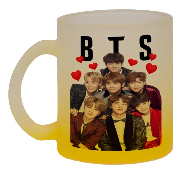 BTS hearts — Two-tone glass mug with matte yellow base, 330ml