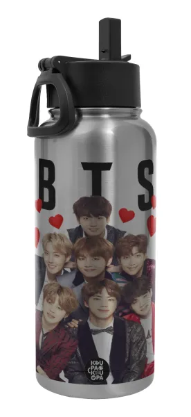 BTS hearts — Μεταλλικό παγούρι θερμός Silver με καλαμάκι και χερούλι (Stainless steel), διπλού τοιχώματος, 950ml