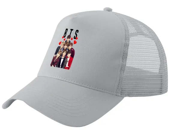 BTS hearts — Adult Structured Trucker Hat, with Mesh, GRAY (100% COTTON, ADULT, UNISEX, ONE SIZE)