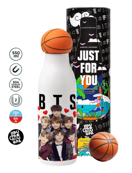 BTS hearts — Μπάλα μπάσκετ μεταλλικό παγούρι θερμός, διπλού τοιχώματος, 550ml