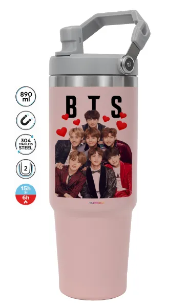 BTS hearts — ΡΟΖ Travel Tumbler Θερμός με χερούλι και καλαμάκι 890ml