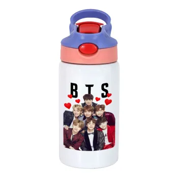 BTS hearts, Children's hot water bottle, stainless steel, with safety straw, pink/purple (350ml)