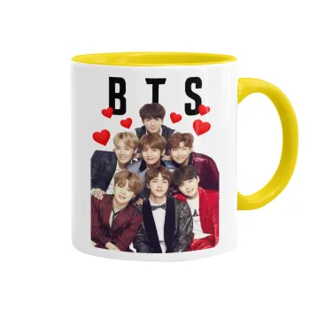 BTS hearts, Κούπα χρωματιστή κίτρινη, κεραμική, 330ml