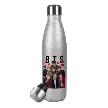 BTS hearts, Metallic Glitter Silver Thermos Flask (Stainless steel), double-walled, 500ml