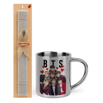 BTS hearts, Easter Set, metallic thermal cup (300ml) & Easter aromatic flat candle (30cm) (GRAY)