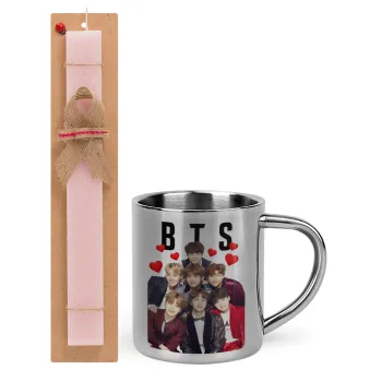 BTS hearts, Easter Set, metallic thermal cup (300ml) & aromatic flat Easter candle (30cm) (PINK)