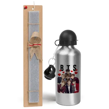 BTS hearts, Easter Set, metallic silver aluminum water bottle (500ml) & aromatic flat Easter candle (30cm) (GRAY)