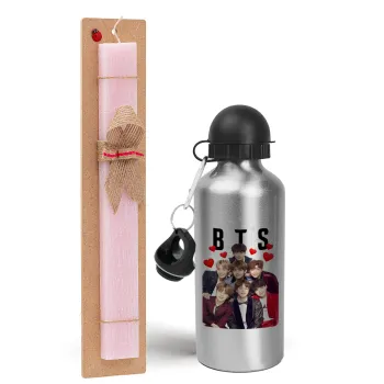 BTS hearts, Πασχαλινή Λαμπάδα με παγούρι μεταλλικό Ασημένιο αλουμινίου (500ml) & κερί αρωματικό πλακέ (30cm) (ΡΟΖ)