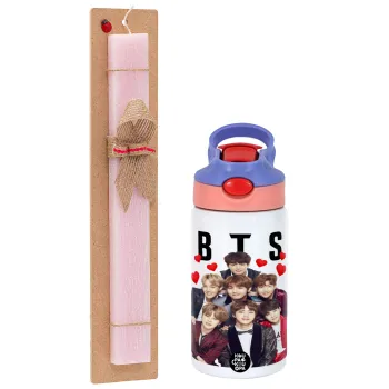 BTS hearts, Πασχαλινή Λαμπάδα με Παιδικό παγούρι θερμό, ανοξείδωτο, με καλαμάκι ασφαλείας, ροζ/μωβ (350ml) & κερί αρωματικό πλακέ (30cm) (ΡΟΖ)