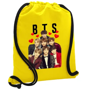 BTS hearts, Τσάντα πλάτης πουγκί GYMBAG Κίτρινη, με τσέπη (40x48cm) & χονδρά κορδόνια