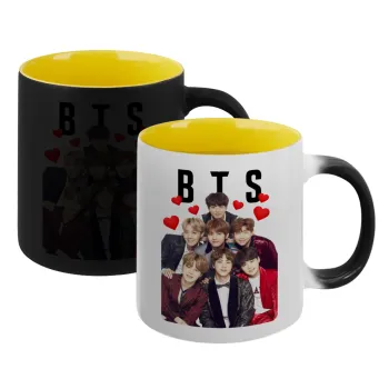 BTS hearts, Κούπα Μαγική εσωτερικό κίτρινη, κεραμική 330ml που αλλάζει χρώμα με το ζεστό ρόφημα