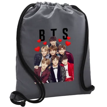 BTS hearts, Τσάντα πλάτης πουγκί GYMBAG ΓΚΡΙ, με τσέπη (40x48cm) & χονδρά κορδόνια
