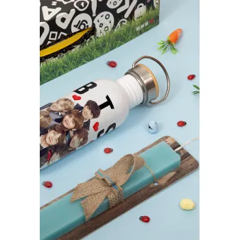 BTS hearts, Πασχαλινή Λαμπάδα με παγούρι μεταλλικό (620ml, stainless steel) & κερί αρωματικό πλακέ (30cm) (ΤΙΡΚΟΥΑΖ)