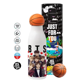 BTS hearts, Μπάλα μπάσκετ μεταλλικό παγούρι θερμός, διπλού τοιχώματος, 550ml