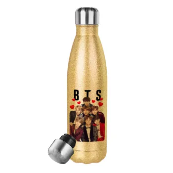 BTS hearts, Glitter gold stainless steel thermos bottle, double-walled, 500ml