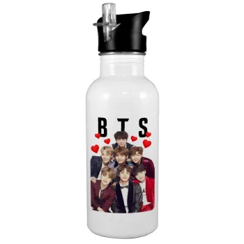 BTS hearts, Παγούρι νερού Λευκό με καλαμάκι, ανοξείδωτο ατσάλι 600ml