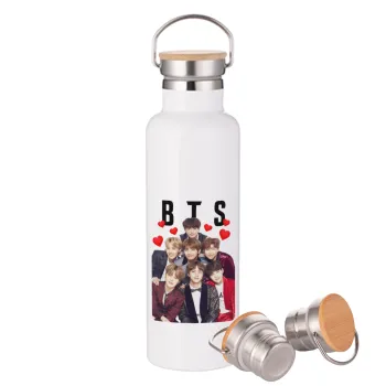 BTS hearts, Stainless steel White with wooden lid (bamboo), double wall, 750ml