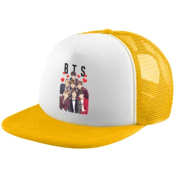 BTS hearts, Adult Soft Trucker Hat with Yellow/White Mesh (POLYESTER, ADULT, UNISEX, ONE SIZE)
