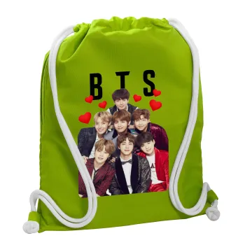 BTS hearts, Backpack bag GYMBAG LIME GREEN, with pocket (40x48cm) & thick cords