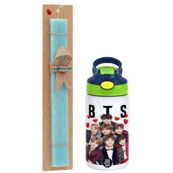 BTS hearts, Easter Set, Children's thermal stainless steel bottle with safety straw, green/blue (350ml) & aromatic flat Easter candle (30cm) (TURQUOISE)