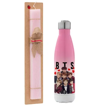 BTS hearts, Easter Set, Metallic pink/white (Stainless steel) thermos, double-walled, 500ml & aromatic flat Easter candle (30cm) (PINK)