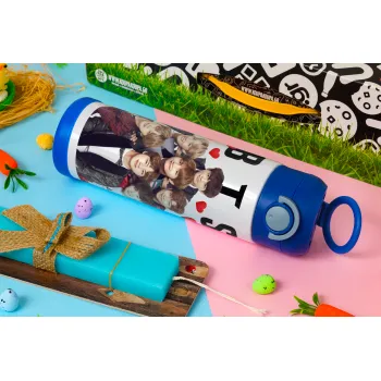 BTS hearts, Easter candle, Childrens hot water bottle, stainless steel, with safety straw, BLUE (500ml)