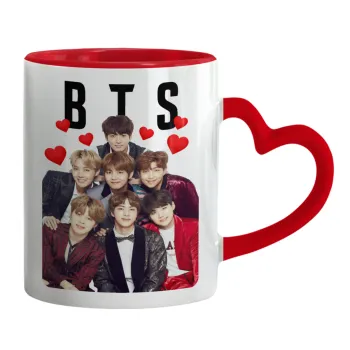BTS hearts, Κούπα καρδιά χερούλι κόκκινη, κεραμική, 330ml