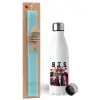 Easter Set, metallic stainless steel water bottle (750ml) & aromatic flat Easter candle (30cm) (TURQUOISE)