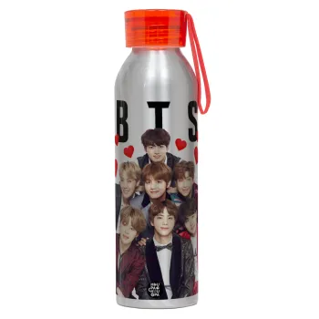 BTS hearts, Αλουμινένιο Αθλητικό Μπουκάλι 650ml – Ασημί με Κόκκινο Καπάκι και Λουράκι Σιλικόνης