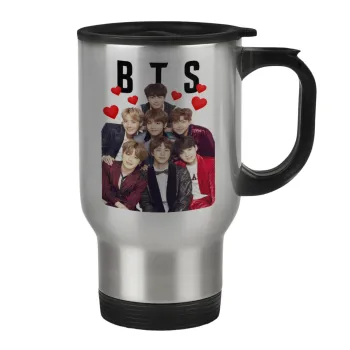 BTS hearts, Κούπα ταξιδιού ανοξείδωτη με καπάκι, διπλού τοιχώματος (θερμό) 450ml