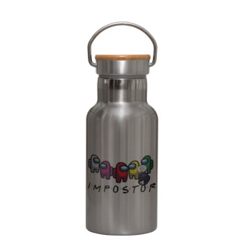 Among US impostor, Stainless steel metallic thermos flask, silver with a bamboo lid, double-walled, 350ml.