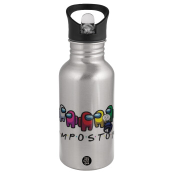 Among US impostor, Water bottle Silver with straw, stainless steel 500ml