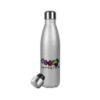Among US impostor, Μεταλλικό παγούρι θερμός Glitter Aσημένιο (Stainless steel), διπλού τοιχώματος, 500ml