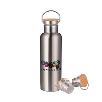 Among US impostor, Stainless steel Silver with wooden lid (bamboo), double wall, 750ml