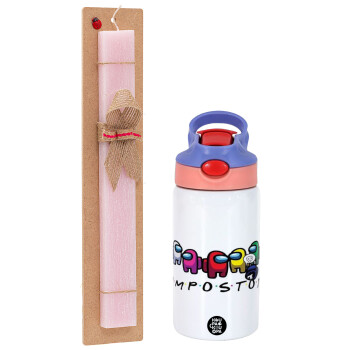 Among US impostor, Easter Set, Children's thermal stainless steel water bottle with safety straw, pink/purple (350ml) & Easter scented flat candle (30cm) (PINK)