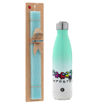 Among US impostor, Easter Set, Metallic green/white thermos (Stainless steel), double-walled, 500ml & scented flat Easter candle (30cm) (TURQUOISE)